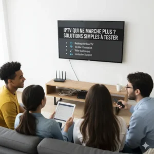 Quatre amis sont assis sur un canapé, regardant un écran de télévision où s'affiche le titre "IPTV QUI NE MARCHE PLUS ? SOLUTIONS SIMPLES À TESTER" suivi d'une liste à puces des étapes de dépannage (Redémarrer Box/TV, Vérifier Connexion, Vider Cache App, Contacter Support). Un des amis tient une télécommande, un autre tient une tablette. Un routeur et un décodeur sont posés sur un meuble TV