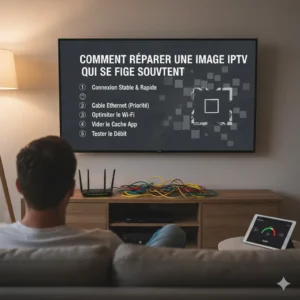 Un homme est assis de dos sur un canapé, regardant un écran de télévision qui affiche le titre en blanc "COMMENT RÉPARER UNE IMAGE IPTV QUI SE FIGE SOUVENT". En dessous, une liste numérotée des solutions (Connexion Stable & Rapide, Câble Ethernet (Priorité), Optimiser le Wi-Fi, Vider le Cache App, Tester le Débit) est visible, avec des icônes correspondantes. Sur le meuble TV, un routeur, un tas de câbles colorés et un décodeur sont présents. Une tablette sur la droite montre un indicateur de vitesse de connexion stable.