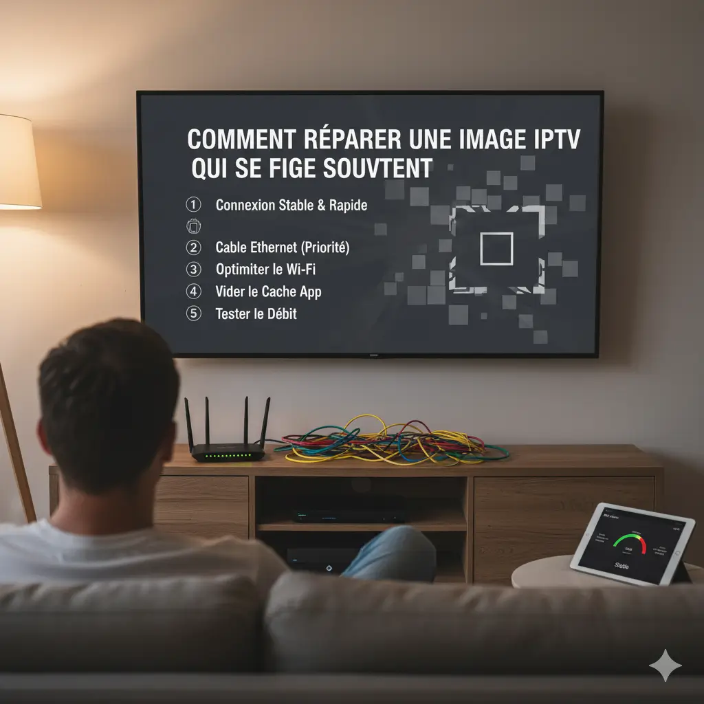 Un homme est assis de dos sur un canapé, regardant un écran de télévision qui affiche le titre en blanc "COMMENT RÉPARER UNE IMAGE IPTV QUI SE FIGE SOUVENT". En dessous, une liste numérotée des solutions (Connexion Stable & Rapide, Câble Ethernet (Priorité), Optimiser le Wi-Fi, Vider le Cache App, Tester le Débit) est visible, avec des icônes correspondantes. Sur le meuble TV, un routeur, un tas de câbles colorés et un décodeur sont présents. Une tablette sur la droite montre un indicateur de vitesse de connexion stable.